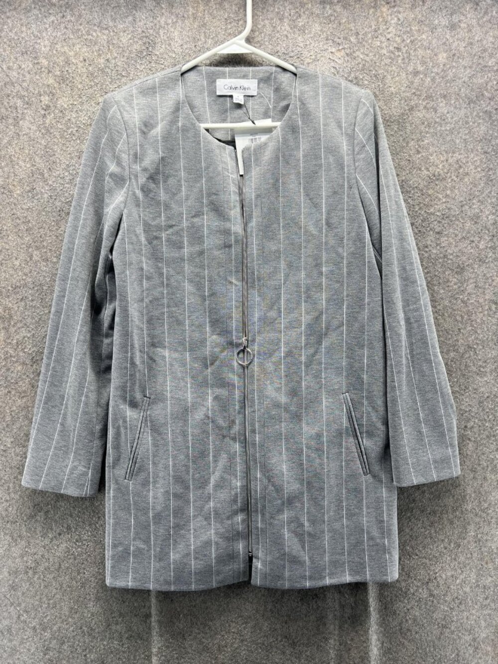 Calvin Klein Jacket Womens 8 Gray Pinstripe Knit Full Zip Pockets Lined